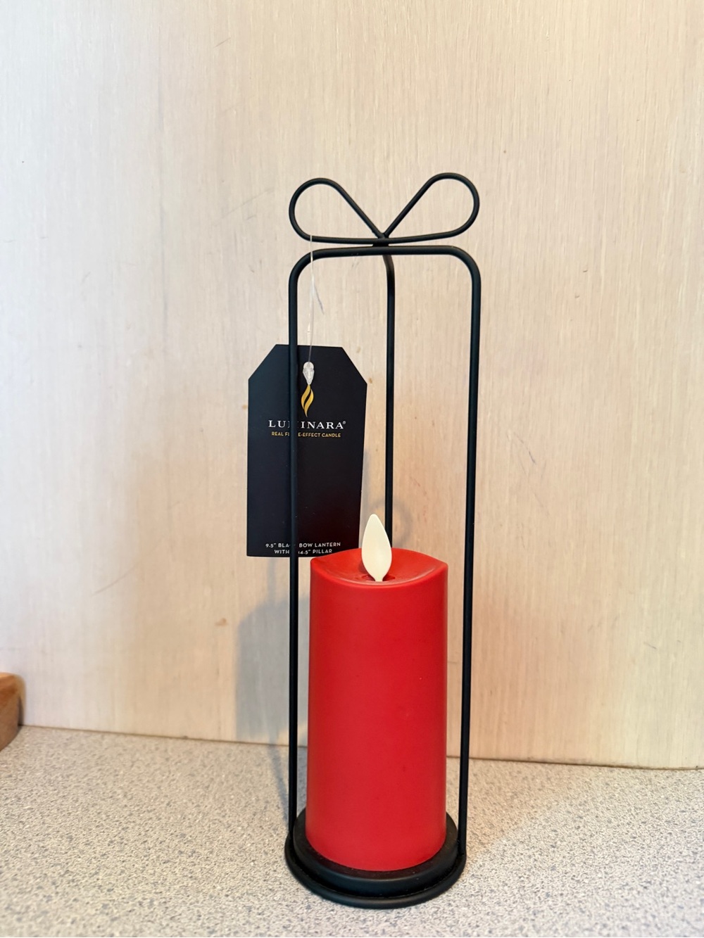 New Luminara 9.5" Black Bow Lantern + 2" x 4.5" Red Pillar Candle Timer Flicker